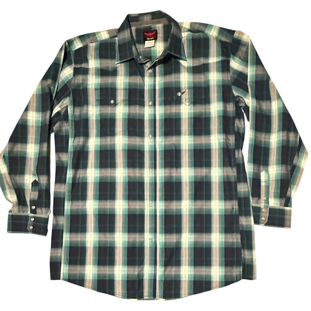 Wrangler Relentless Trevor Brazile Mens 2XLT Plaid Western Pearl Snap Shirt Teal